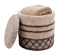 FineBuy Pouf de Rangement en Laine 40cm Tissu Beige Rond - Design Pouf Boho avec Couvercle Amovible - Pouf rembourré Coiffeuse - Pouf d'appoint pour Salon Fait Main