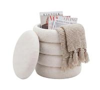 FineBuy Pouf de Rangement en Tissu Teddy 40cm Crème Rond - Design Pouf en Tissu Boho avec Couvercle Amovible - Pouf de Coiffeuse - Pouf d'appoint pour Salon Fait Main