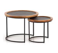FineBuy Table Basse Lot de 2 Bois Massif Manguier Effet Pierre Marron | tables gigognes avec structure en métal, tables de salon en bois véritable en 2 tailles, table à café lot fait main