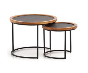 FineBuy Table Basse Lot de 2 Bois Massif Manguier Effet Pierre Marron | tables gigognes avec structure en métal, tables de salon en bois véritable en 2 tailles, table à café lot fait main