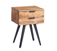FineBuy Table de Chevet 47x35x65 cm Bois Massif Acacia avec 2 Tiroirs | commode de chevet industriel avec noire pieds en métal pour lit boxspring, table de nuit fait main
