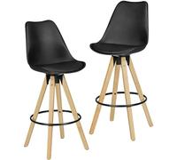 FineBuy Tabouret de Bar Lot de 2 Tissu Noir Dossier, Hauteur d'assise 77 cm | chaises de bar scandinave avec pieds en bois et traverses en métal, tabouret de comptoir rembourré, excellente stabilité