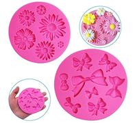 FineGood - Lot de 2 moules en silicone pour décoration de gâteau en forme de fleur de chrysanthème et nœuds papillon pour chocolat, fondant, sucre, savon, décoration, moules à gâteaux, rose