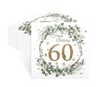 finemark Lot de 60 serviettes Happy Birthday - Serviettes pour 60e anniversaire eucalyptus vert doré, décoration de table pour 60e anniversaire homme femme, décoration de table d'anniversaire, vert