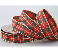 finemark Ruban de Noël à carreaux vert et rouge doré (123) 20 m x 25 mm avec bords métalliques en lurex décoratif emballage cadeau Motif tartan quadrillé écossais