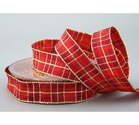 finemark Ruban de Noël rouge doré à carreaux (151) 20 m x 25 mm avec bords métalliques en lurex décoratif emballage cadeau Motif tartan quadrillé écossais