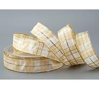 finemark Ruban décoratif, à carreaux, 20 m x 25 mm, en blanc, crème et doré (103), avec bord en fil de métal et lurex doré, tartan, brillant, adapté pour les nœuds, convient à l'hiver, Noël