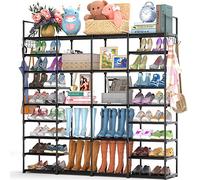 Finew Étagère à Chaussures avec 9 Niveaux, Grande étagère à Chaussures en métal pour 64-72 Paires, 4 rangées d'étagères sur Pied Armoire à Chaussures avec Crochets pour Le Salon, Le Dressing
