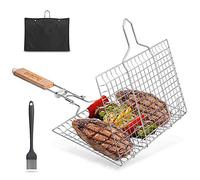 FINEW pliable panier grille pour barbecue Portable en Acier Inoxydable 304, pour Poisson Légumes Steak de Crevettes, avec poignée amovible, brosse à badigeonner bouteille et sac de rangement