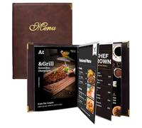 FINGERINSPIRE 2 Pièces Porte-menu en Cuir PU avec Logo Doré 316x247x25mm Marron Noix de Coco Couvertures Menu de Restaurant 7 Pages 14 Vues Pochettes Transparentes Dossier Présentation Professionnel