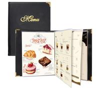 FINGERINSPIRE 2 Pièces Porte-menu en Cuir PU avec Logo Doré 316x247x25mm Noir Couvertures de Menu de Restaurant 7 Pages 14 Vues Pochettes Transparentes Dossier de Présentation Professionnel pour Hôtel