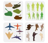 FINGERINSPIRE 4 PCS Armée Soldats Pochoir Réservoirs Bombardiers Pochoir 20x20 cm Militaire Soldat Troupes Pochoir Fusils Pochoir Soldats Memorial Day Pochoir pour Peinture sur Bois Mur Tissu Toile