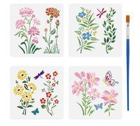 FINGERINSPIRE 4 Pièces Pochoirs de Branche Fleurie avec Pinceau 15x15cm Pochoirs Floraux Marguerite Lys Pochoir de Volutes Florales Gabarit de Thème de Plante pour Peinture sur Bois Mur Toile Meuble