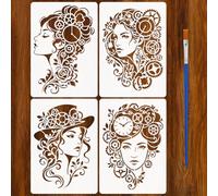 FINGERINSPIRE 4PCS Steampunk Personnages Pochoirs Avec Un Pinceau 21x29.7cm 4 Styles Steampunk Femmes Pochoir Réutilisable Personnage Thème Décoration Gabarit Pour Peinture Sur Bois Mur Meuble