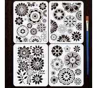 FINGERINSPIRE 4Pièces Pochoirs Fleur Mandala Boho Avec Un Pinceau 25x30cm Grands Pochoirs Floraux Modèle De Dessin Mandala Fleur Stupéfiant pour Loisirs Créatifs sur Bois, Mur, Meubles