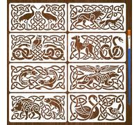 FINGERINSPIRE 8 Pièces Pochoirs Motifs Animaux Celtiques avec un Pinceau 30x15cm Pochoirs Peinture Hibou Chien Pochoir Serpent Requin Cochon Oiseau Loup PET Gabarit Thèmes Animaux pour Bois Mur DIY