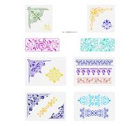 FINGERINSPIRE 8Pcs Pochoir de Dessin D'Angle de Bordure Marocaine Avec Pinceau 3 Tailles Modèle Peinture de Carrelage de Sol Mandala Pochoir de Vigne Fleur de recque pour Bois Mur Tissu Meubles