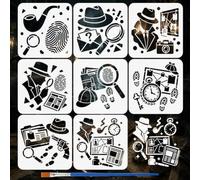 FINGERINSPIRE 8Pièces Pochoirs Thème Détective Avec Un Pinceau 20x20cm Pochoirs Détective Mystère Vintage Modèles Caméra, Chapeau et Enquête pour Panneaux Bois, Meubles, Décor Mural Maison
