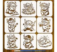 FINGERINSPIRE 9 Pcs Pochoir de Peinture de Vache Mignon des Hautes Terres avec Pinceau 15x15cm Pochoir de Vache Réutilisable Pochoirs Artisanaux DIY en Plastique pour Bois Sol Mur Carrelage Meuble