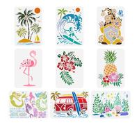 FINGERINSPIRE 9 Pochoir de Peinture d'animaux et de Plantes D'Été de 21x29.7 cm Flamant Rose Palmier Surf Nain Hibiscus Ananas Sirène Modèle de Dessin pour Peinture sur Bois Mur Tissu Meubles