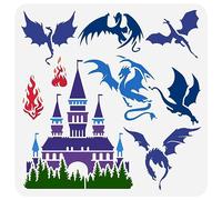 FINGERINSPIRE Dragons Pochoir 30x30 cm Château Peinture Pochoir en Plastique Western Dragon Feu Château Modèles Pochoir Réutilisable DIY Art et Artisanat Ptérosaure Pochoir pour la Décoration