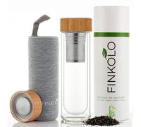 Finkolo Bouteille Isotherme à Infusion en Verre - Thermos Infuseur à Thé, Café - Gourde à Jus de Fruit - Borosilicate Double Paroi avec Filtre en Acier Inox, Couvercle en Bambou, Housse - 420 ml
