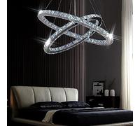 Finktonglan Lustre moderne en cristal, lustre LED avec télécommande, plafonnier ovale, 2 anneaux, 56CM 32CM, suspension pour salon, salle à manger (lumière blanche 6500k)