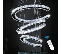 Finktonglan Lustre moderne, lustre en cristal à 3 anneaux à intensité variable avec télécommande, forme ajustable, lustre linéaire à LED, suspension pour cuisine, salle à manger, salon, H120 cm