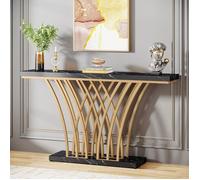Finmind Table console dorée de 150 cm, table d'entrée moderne avec base en métal en forme de grille, Or et Noir