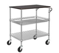 Finnhomy 3 Tier Heavy Duty Commercial Grade Utility Cart with Wood Top, Wire Rolling Cart with Handle Bar, Steel Service Cart with Wheels, Utility Shelf Food Storage Trolley, NSF Listed