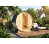 FinnTherm Sauna de jardin Mini XXS en tonneau 194 x 130 x 194 cm, sauna d'extérieur avec paroi de 42 mm d'épaisseur, matériel de montage, porte en verre de sécurité, pour 2 à 3 personnes, avec