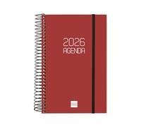 Finocam Agenda à spirale 2026 1 jour par page | janvier à décembre (12 mois) | Agenda annuel 2026 avec élastique, couverture en polypropylène à spirale opaque, bordeaux, catalan