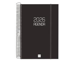Finocam Agenda à spirale 2026 1 jour par page | janvier à décembre (12 mois) | Agenda annuel 2026 avec élastique | Couverture en polypropylène à spirale opaque - Noir - Catalan