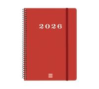Finocam Basics My Agenda à spirale 2026 semainier horizontal de janvier à décembre (12 mois) avec élastique et couverture rigide à spirale Basics My Rouge