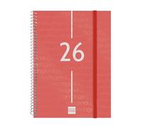 Finocam Basics Year Agenda à spirale 2026 semainier horizontal de janvier à décembre 12 mois avec élastique et couverture en polypropylène Motif Basics Year Rouge