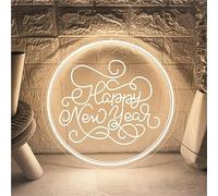 FINOTI Enseigne au néon « Happy New Year » - Gravure 3D - Noël - Carnaval - Panneau néon LED - Décoration murale - Café - Avec interrupteur - B - 50 x 50 cm