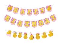 Finypa - Lot de 25 décorations de fête d'anniversaire en forme de canard rose et jaune - Bannière « Happy Birthday » pour filles - Fête prénatale - Guirlandes en papier droit