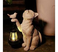 Fiorky Statues de Jardin de Chat Solaire, Lampe Solaire d'extérieur pour Animaux Décor de Jardin Statues de Chat en Résine avec Lumière d'Oiseau pour Cour Balcon Allée, Cadeau de Pendaison d