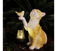 Fiorky Statues de Jardin de Chat Solaire, Lampe Solaire d'extérieur pour Animaux Décor de Jardin Statues de Chat en Résine avec Lumière d'Oiseau pour Cour Balcon Allée, Cadeau de Pendaison d