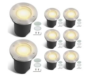 Fiqops 8pcs Projecteur orientable encastré IP67 avec LED GU10 3W blanc chaud remplaçable,Spot de sol pivotant avec lentilles de rechange Argent ronde,Éclairage extérieur pour jardin 230V