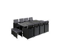 Best Mobilier - Salon de Jardin Encastrable Noir Fira - en Résine Tressée à la Main - Plateau en Verre Trempé - avec Housse de Protection - Coussins Déhoussables Gris - 12 Places
