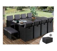 Best Mobilier - Salon de Jardin Encastrable Noir Fira - en Résine Tressée à la Main - Plateau en Verre Trempé - avec Housse de Protection - Coussins Déhoussables Gris - 12 Places