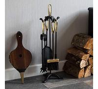 Fire Vida Buxton Lot de 5 Accessoires de cheminée avec Support Noir et Laiton avec Support Comprend tisonnier, Pince, Brosse et Pelle Accessoires de cheminée pour poêle à Bois, foyers et poêles à