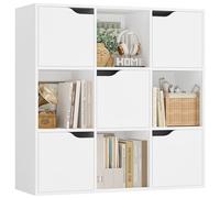 FirFurd Bibliotheque Meuble de Rangement 9 Étagères avec 5 Portes Blanche | 90x29x90cm, Bibliothèque basse, Poignées encastrées, 5 cubes fermés et 4 étagères ouvertes, Pour salon bureau chambre