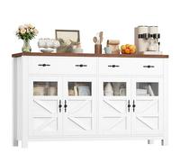FirFurd Buffet 140cm Meuble Cuisine Rangement Bas avec Portes Vitrée Blanc | 140x40x90cm, 2 grands tiroirs, Plateau spacieux, Pieds surélevés, Design campagnard, Vaisselier cuisine, salle à manger salon