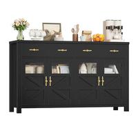 FirFurd Buffet 140cm Meuble Cuisine Rangement Bas avec Portes Vitrée Noir | 140x40x90cm, 2 grands tiroirs, Plateau spacieux, Pieds surélevés, Design campagnard, Vaisselier cuisine, salle à manger salon