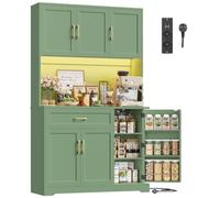 FirFurd Buffet 180cm Meuble Cuisine Rangement avec LED/Multiprises Verte | 180.5x100x38.6cm, Vaisselier meuble de cuisine avec étagère à épices et réglables, grand tiroir, Pour salle à manger, salon