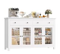 FirFurd Buffet Portes Vitrées Meuble Cuisine Rangement Blanc 140x40x90.7cm | Vaisselier 2 tiroirs et 4 portes | Plateau spacieux | Étagère réglable | Verre trempé | Pour salle à manger, salon, entrée