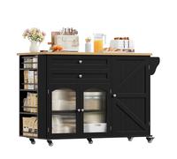 FirFurd Îlot Central Cuisine Desserte Cuisine à roulettes avec Plans de Travail Rabattable Meuble de Cuisine avec 2 Tiroirs, 3 Portes, Support à Épices, Porte-Serviette 132x40x97,5cm Noir