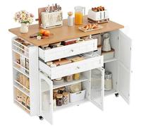 FirFurd Îlot Central Cuisine Desserte Cuisine à roulettes avec Plans de Travail Rabattable Meuble de Cuisine avec 2 Tiroirs, 3 Portes, Support à Épices, Porte-Serviette 132x40x97,5cm Blanc